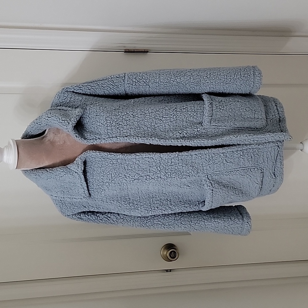 Z Supply, Size L NEW Dusty Blue Teddy Bear Sherpa Open Jacket with Pockets